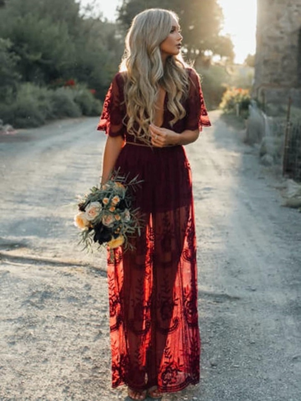 Elegant Burgundy Lace Maxi Dress for Women